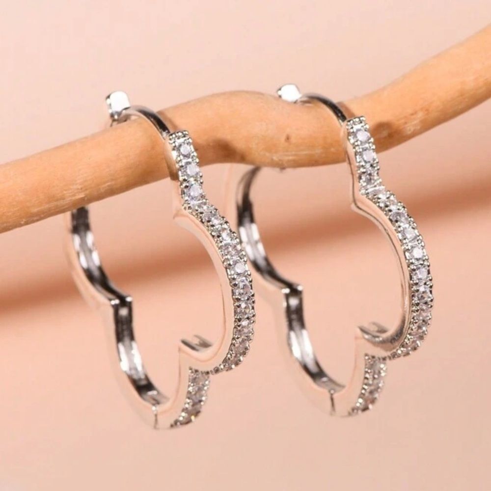 NEW Designer-Style Silver-tone Clover Bling Hoop Earrings